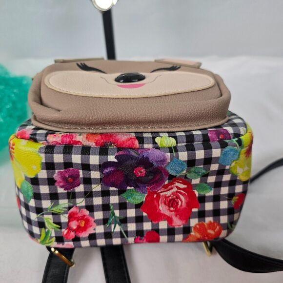 Betsey Johnson Mini Backpack Kitsch Check Floral Colorful 8" x 8" x 3" - Picture 13 of 14
